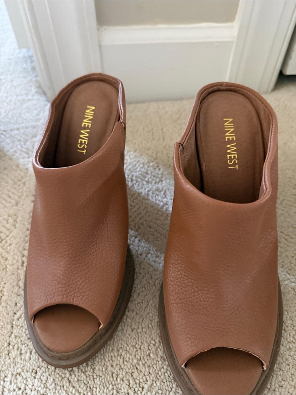 Nine West Tan Leather Peep-Toe Mule Slides